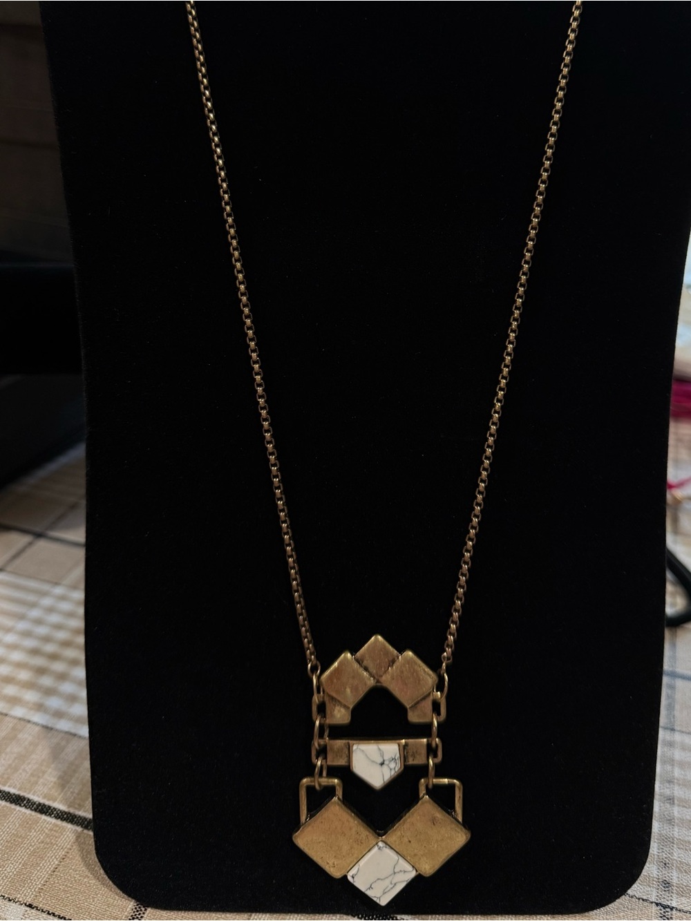Geometric White Stone/Metal Reversible Pendant Necklace in Gold-Tone